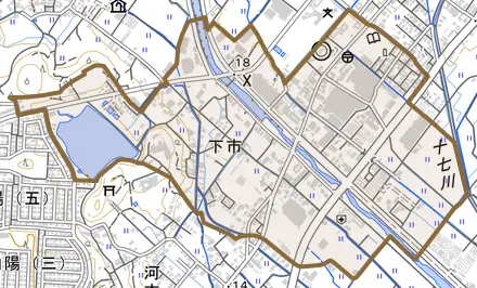 下市とその周辺の地図。町の範囲を重ねている