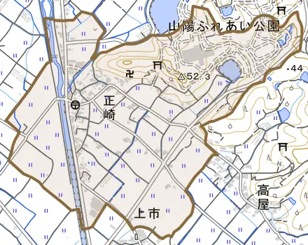 正崎とその周辺の地図。町の範囲を重ねている