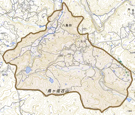 八島田とその周辺の地図。町の範囲を重ねている