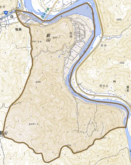 稲蒔とその周辺の地図。町の範囲を重ねている