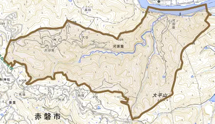河原屋とその周辺の地図。町の範囲を重ねている