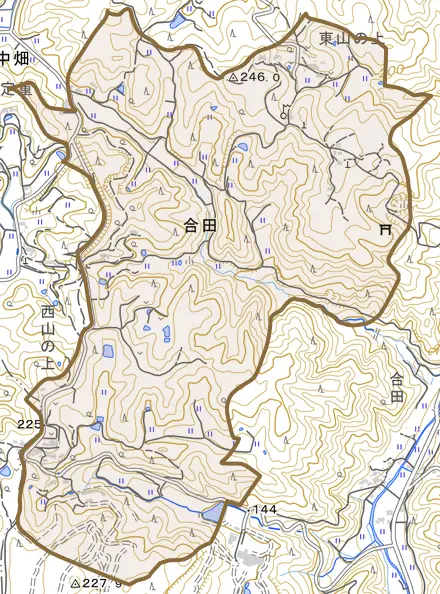 合田とその周辺の地図。町の範囲を重ねている