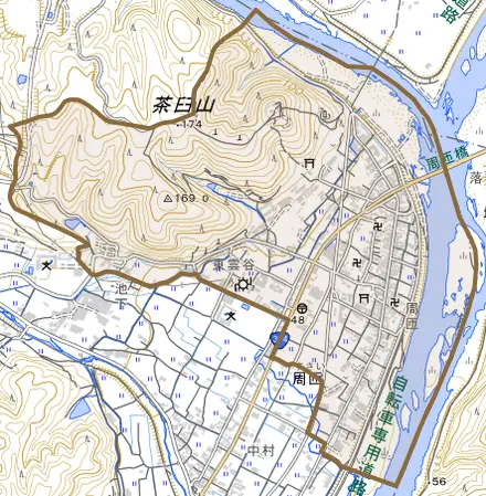 周匝とその周辺の地図。町の範囲を重ねている