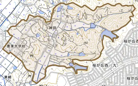 神田とその周辺の地図。町の範囲を重ねている