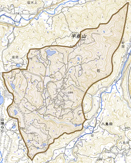 石とその周辺の地図。町の範囲を重ねている