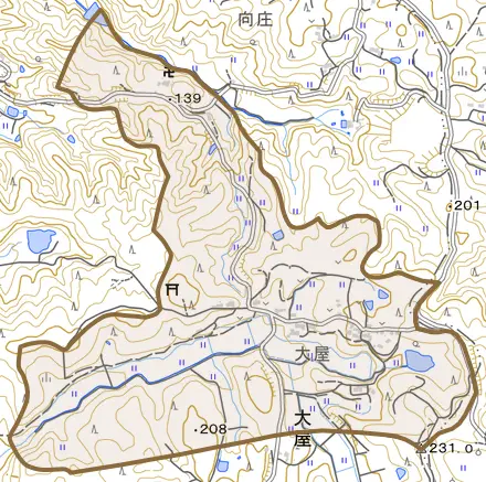 大屋とその周辺の地図。町の範囲を重ねている