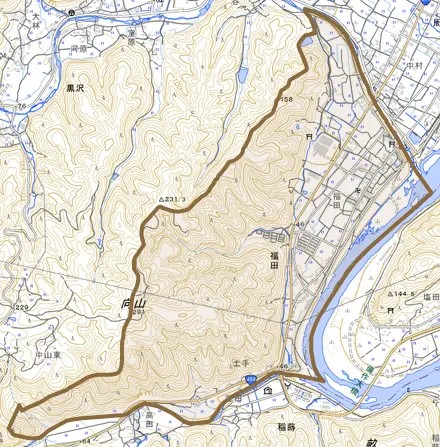 福田とその周辺の地図。町の範囲を重ねている