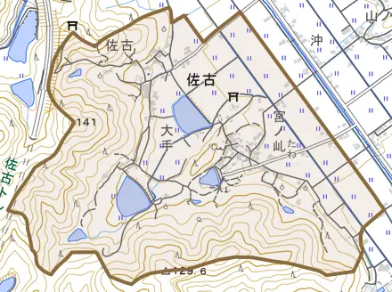 佐古とその周辺の地図。町の範囲を重ねている
