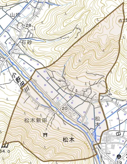 松木とその周辺の地図。町の範囲を重ねている