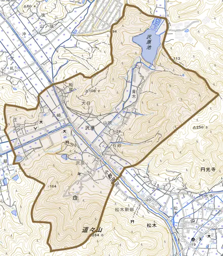 沢原とその周辺の地図。町の範囲を重ねている