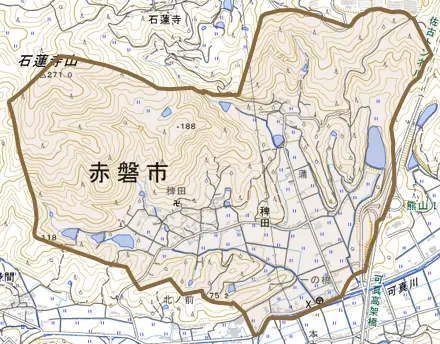 稗田とその周辺の地図。町の範囲を重ねている