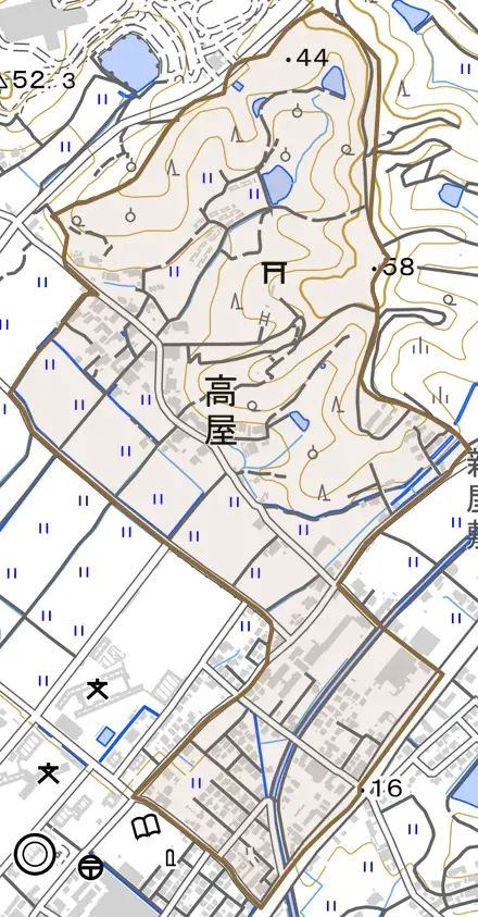 高屋とその周辺の地図。町の範囲を重ねている