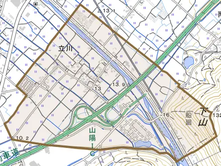 立川とその周辺の地図。町の範囲を重ねている