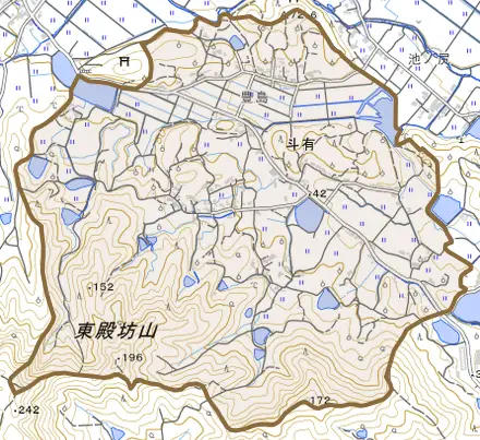 斗有とその周辺の地図。町の範囲を重ねている