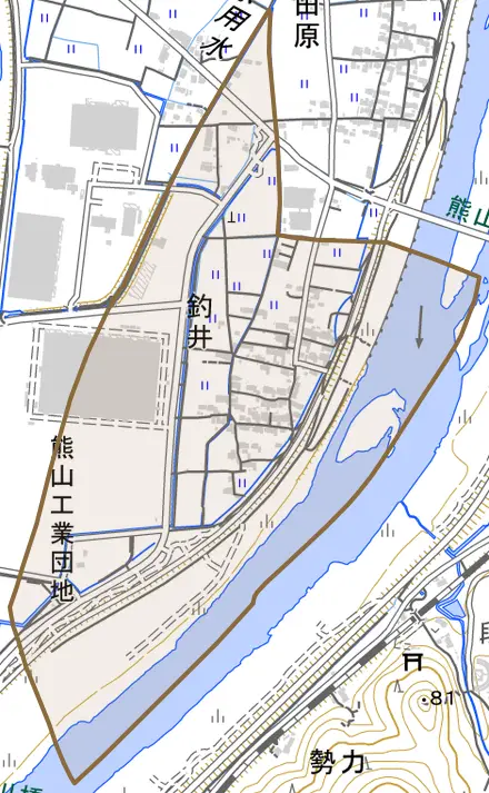 釣井とその周辺の地図。町の範囲を重ねている