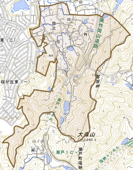 弥上とその周辺の地図。町の範囲を重ねている