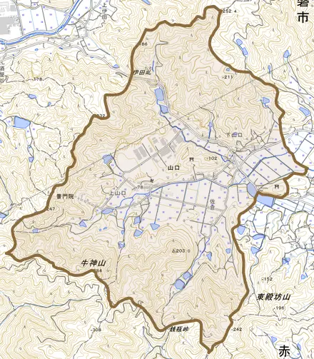 山口とその周辺の地図。町の範囲を重ねている
