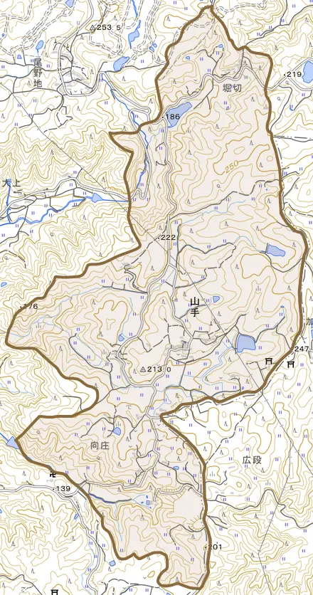 山手とその周辺の地図。町の範囲を重ねている
