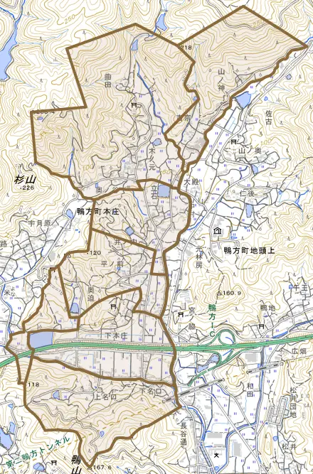 鴨方町本庄とその周辺の地図。町の範囲を重ねている
