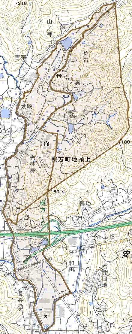 鴨方町地頭上とその周辺の地図。町の範囲を重ねている