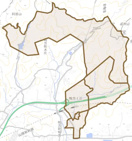 鴨方町益坂とその周辺の地図。町の範囲を重ねている
