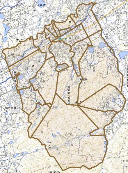 鴨方町六条院中とその周辺の地図。町の範囲を重ねている