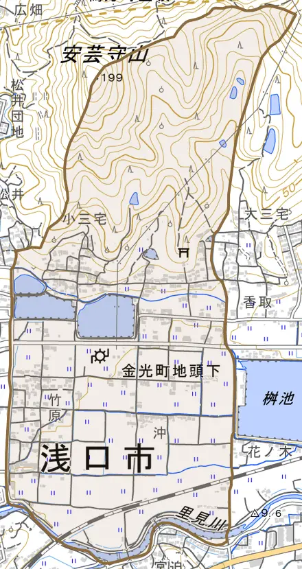金光町地頭下とその周辺の地図。町の範囲を重ねている