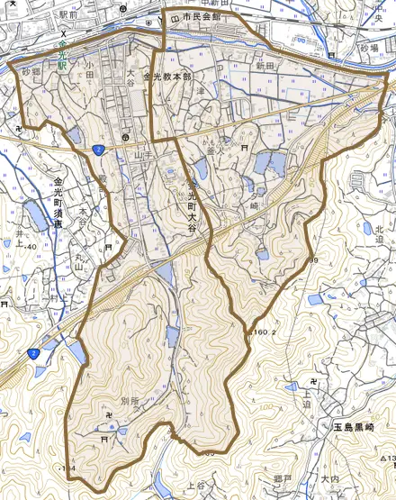 金光町大谷とその周辺の地図。町の範囲を重ねている