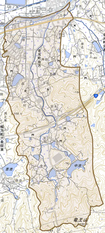 金光町佐方とその周辺の地図。町の範囲を重ねている