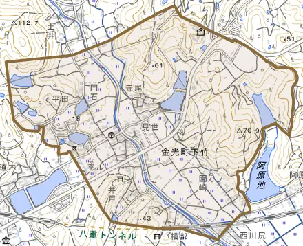 金光町下竹とその周辺の地図。町の範囲を重ねている