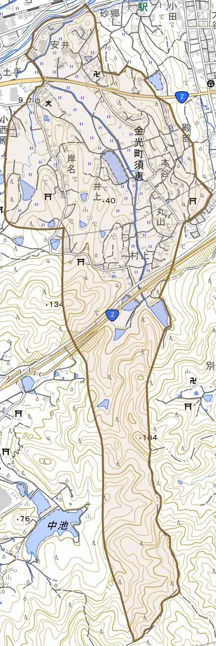 金光町須恵とその周辺の地図。町の範囲を重ねている