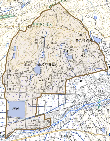 金光町占見とその周辺の地図。町の範囲を重ねている