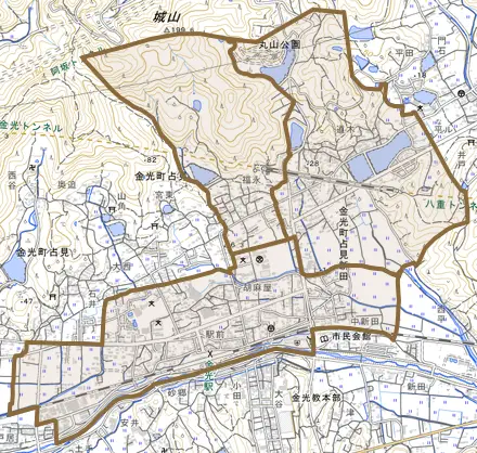 金光町占見新田とその周辺の地図。町の範囲を重ねている