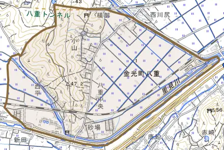 金光町八重とその周辺の地図。町の範囲を重ねている