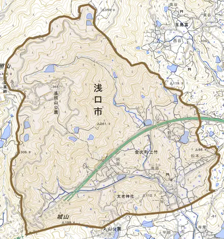 金光町上竹とその周辺の地図。町の範囲を重ねている
