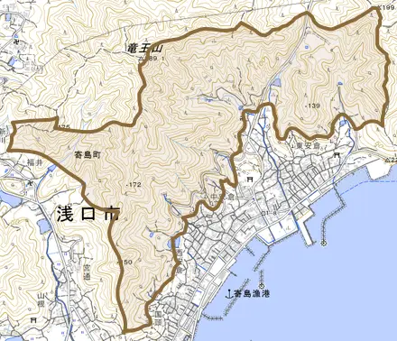 寄島町とその周辺の地図。町の範囲を重ねている