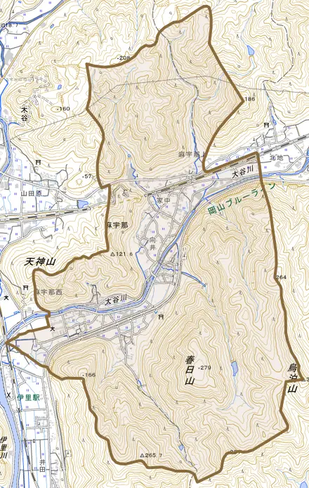 麻宇那とその周辺の地図。町の範囲を重ねている