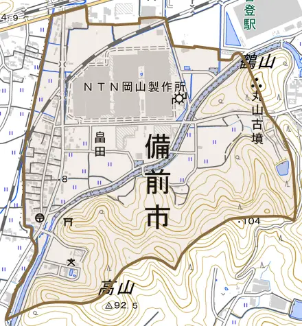 畠田とその周辺の地図。町の範囲を重ねている