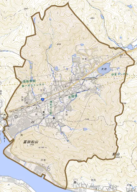 東片上とその周辺の地図。町の範囲を重ねている