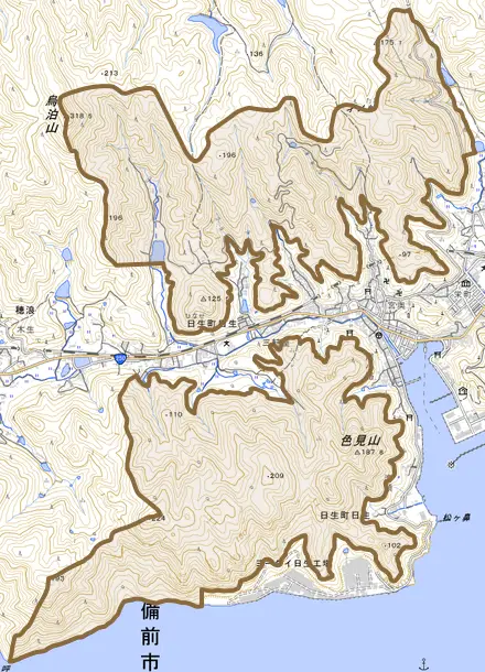 日生町日生とその周辺の地図。町の範囲を重ねている