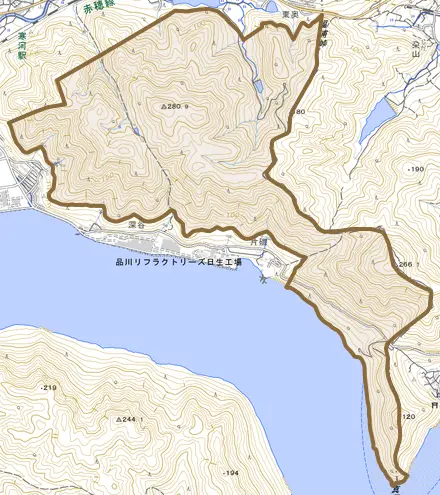 日生町寒河とその周辺の地図。町の範囲を重ねている