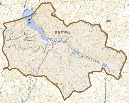 日生町寺山とその周辺の地図。町の範囲を重ねている