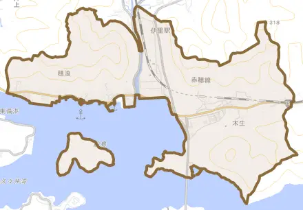穂浪とその周辺の地図。町の範囲を重ねている