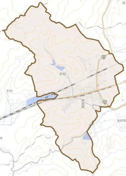 伊部とその周辺の地図。町の範囲を重ねている