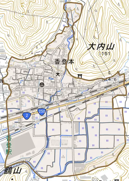 香登本とその周辺の地図。町の範囲を重ねている