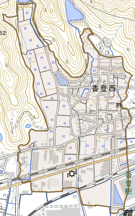 香登西とその周辺の地図。町の範囲を重ねている