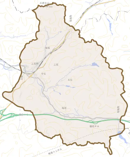 三石とその周辺の地図。町の範囲を重ねている