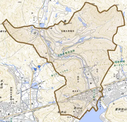 西片上とその周辺の地図。町の範囲を重ねている
