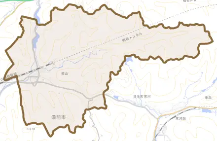 蕃山とその周辺の地図。町の範囲を重ねている