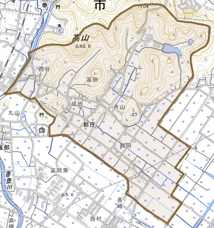 新庄とその周辺の地図。町の範囲を重ねている
